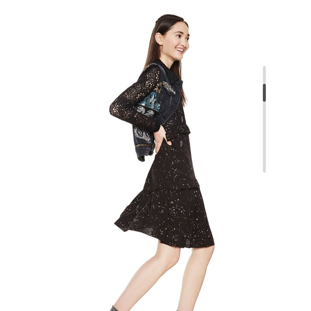 Desigual Cassius Black Constellation Print Ruffle Dress Womens Medium Whimsigoth